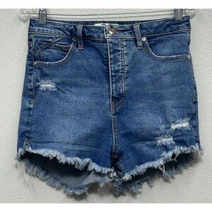 WE THE FREE Curvy Jean Shorts Womens Sz 29 Blue Denim Ultra High Rise Frayed